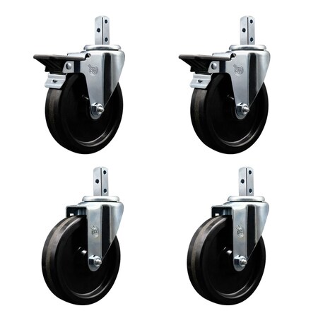 Service Caster 5'' Phenolic Wheel Swivel 3/4'' Square Stem Caster Set 2 Brakes, 4PK SCC-SQ20S514-PHS-PLB-34-2-S-2